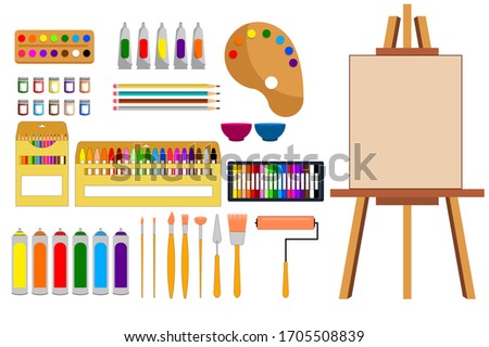 Painting Tools Elements Vector Illustration, editable source file, Watercolors, Color Palette, Canvas with stand, Paint Bottle, tubes, Color Pencil, Crayons, brushes, Color Spray Bottles