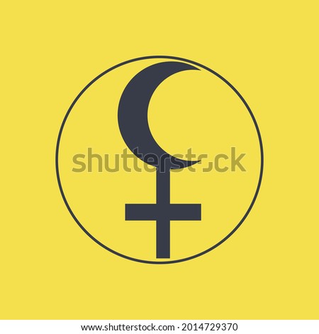 Lilith Black Moon sign icon. False mock moon, demon goddess. Protective amulet for witches. Apogee point of lunar orbit, empty focus. Vector illustration on a yellow background with dark blue lines