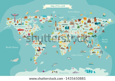 Landmarks world map vector cartoon illustration