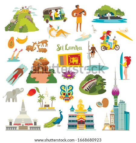 Sri Lanka landmarks vector illustration. Ceylon tourisric and historical places.Sri Lanka island art icon collection. Colombo skyline,Sigiria and Nine arches bridge. Cartoon flat set isolated on white