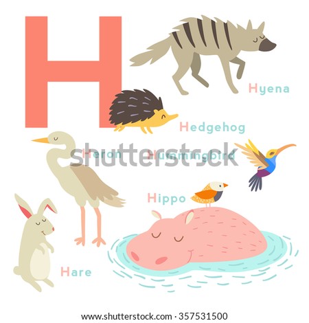 H letter animals set. English alphabet. Vector illustration, isolated on white background