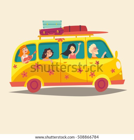 Bus with traveling happy people. Hippie on camper bus.Tourism concept, cartoon character young hippie. Travel by vintage van. Woodstock lifestyle. Family holiday. Vector illustration