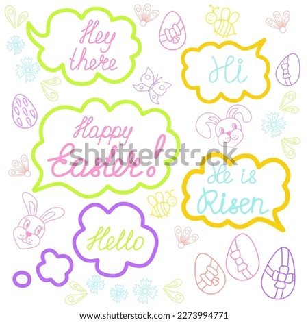 Easter greeting chat with congratulatory text messages, Easter eggs, rabbits, flowers, bee, butterfly and other elements . Holiday concept. Nice poster for social media. Vector illustration.