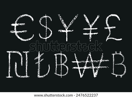 Currency symbols with chalk stroke texture isolated on white background. Dollar, pound sterling, yen, yuan, shekel, turkish lira, baht, won and euro dollar currency icon. Vector set. Not AI created.