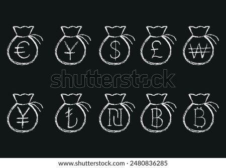 Bag with money icon set with chalk texture on black background. Dollar, pound sterling, yen, yuan, shekel, turkish lira, baht, won and euro dollar currency sign. Vector illustration. Not AI created.