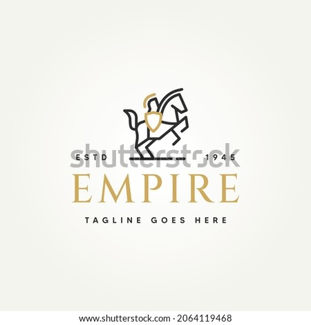 Empire simple line art logo. knight with shield riding horse symbol logo vector illustration design