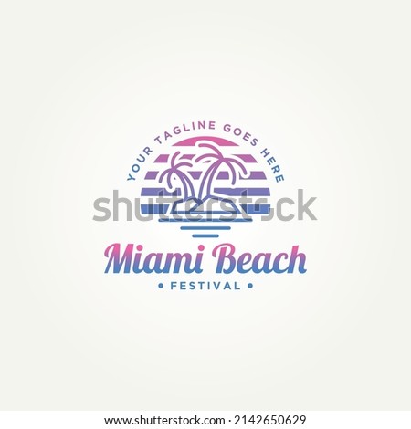 miami beach island simple line art badge logo template vector illustration design. minimalist beach island with pine tree miami retro neon style logo concept