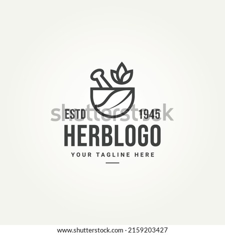 minimalist isolated natural herb line art badge logo template vector illustration design. simple mortar pestle leaf bowl alternative medicine pharmacy emblem logo concept Foto d'archivio © 