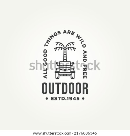 minimalist outdoor adventure expedition line art badge logo template vector illustration design. simple holiday adventure with offroad vehicle logo concept