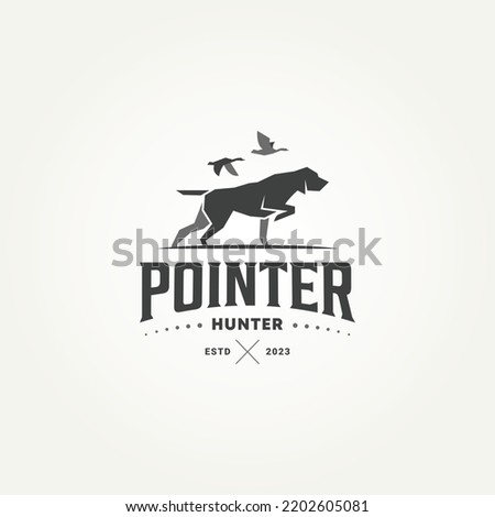 silhouette pointer dog hunting badge logo template vector illustration design. duck above pointer dog hunting equipment emblem logo concept