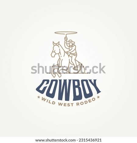 minimalist cowboy wild west rodeo line art icon logo template vector illustration design. simple modern american cowboy riding horse and throwing lasso logo concept