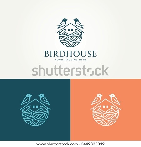 minimalist bird's nest line art label logo vector illustration design. simple modern bird house logo concept