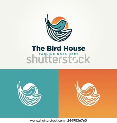 minimalist unique bird house with sun line art label logo vector illustration design. simple modern bird nest logo concept