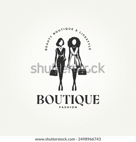 silhouette woman dressed in elegant fashion con logo vector illustration design. simple modern fashion boutique logo concept