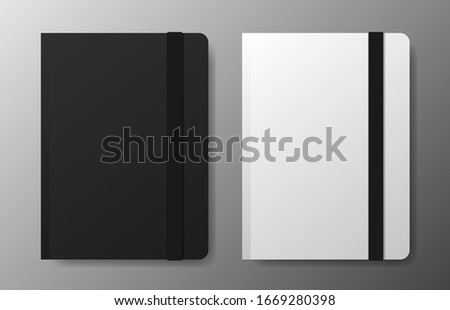 Realistic blank black and white copybook template with elastic band and bookmark on gray background. Notebook Vector illustration.