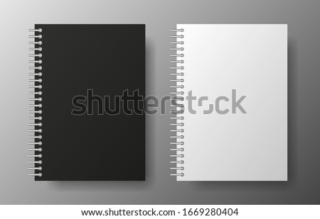 Realistic blank black and white copybook of spiral on gray background. Notebook Vector illustration.