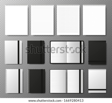 Big collection realistic blank black open and closed copybook template with elastic band and bookmark on transparent background. Four realistic notebooks lines and dots paper page. Vector illustration