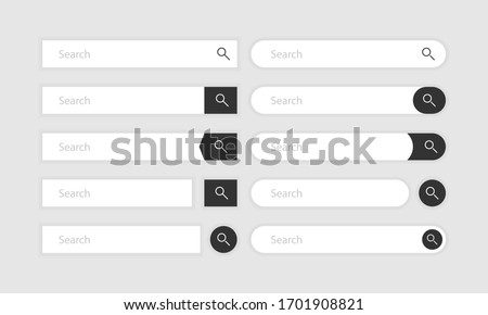 Search bar vector element with diferent design, set of ten search boxes ui template on gray background. Vector illustration.