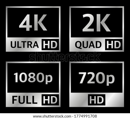 4K UHD, Quad HD, Full HD and HD resolution presentation nameplates of silver gradient color on black background. TV symbols and icons. Vector illustration.