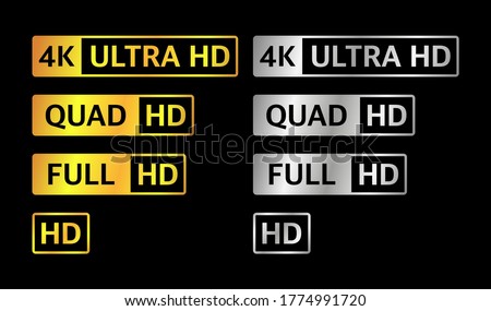 4K UHD, Quad HD, Full HD and HD resolution presentation nameplates of gold and silver gradient color on black background. TV symbols and icons of different colors. Vector illustration.