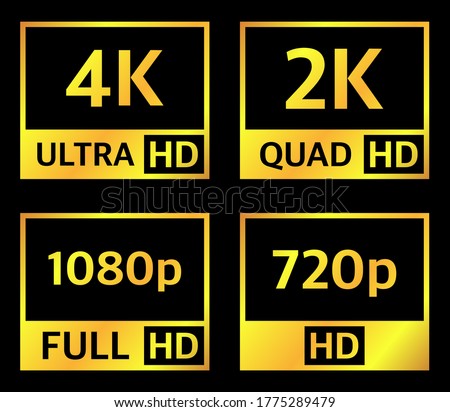 4K UHD, Quad HD, Full HD and HD resolution presentation nameplates of gold gradient color on black background. TV symbols and icons. Vector illustration.