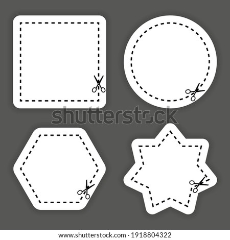 Set of scissors cutting a white shapes and lines on black background. Cut coupon. Vector illustration.