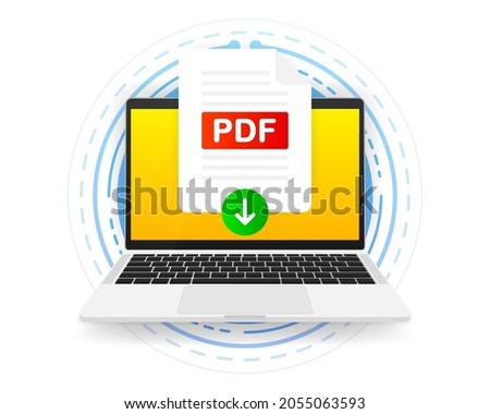 Download PDF icon file with label on screen computer. Downloading document concept. Vector illustration.