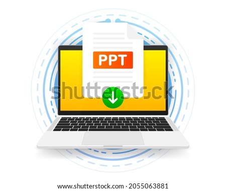 Download PPT icon file with label on screen computer. Downloading document concept. Vector illustration.