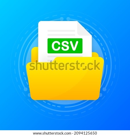 Open folder icon with CSV file inside. Folder with documents on a blue background. Flat design. Vector illustration.