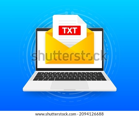 Computer with envelope and TXT file. Laptop and email with TXT document attachment. Vector illustration.