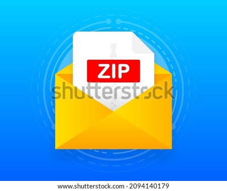 Envelope with ZIP file. Laptop and email with ZIP document attachment. Vector illustration.