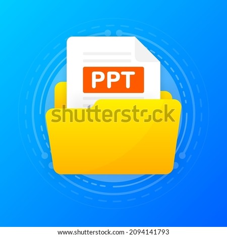 Open folder icon with PPT file inside. Folder with documents on a blue background. Flat design. Vector illustration.