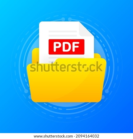 Open folder icon with PDF file inside. Folder with documents on a blue background. Flat design. Vector illustration.