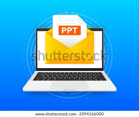 Computer with envelope and PPT file. Laptop and email with PPT document attachment. Vector illustration.