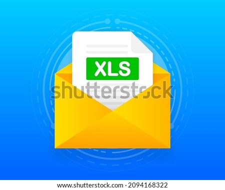 Envelope with XLS file. Laptop and email with XLS document attachment. Vector illustration.