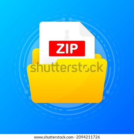 Open folder icon with ZIP file inside. Folder with documents on a blue background. Flat design. Vector illustration.