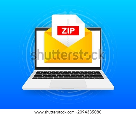 Computer with envelope and ZIP file. Laptop and email with ZIP document attachment. Vector illustration.