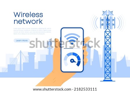 5g technology and communication concept. 5G towers network technology. Speed test. Vector illustration.