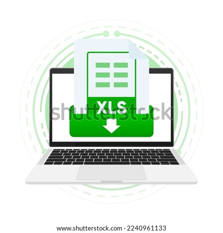 Download XLS file with label on laptop screen. Downloading document concept. View, read, download XLS file on laptops and mobile devices. Vector illustration.