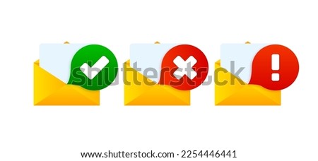 Open Mail Envelope icon collection with marker approved, rejected and error new message. Render email notification concept. Vector illustration.