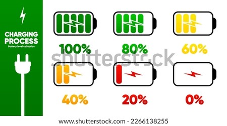 Battery Charge progress indicator icons collection. Battery charge in different level progress. Full battery and low full battery status. Vector illustration.