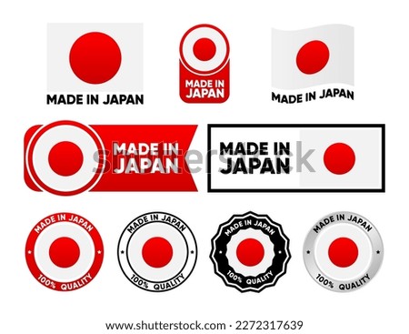 Made in Japan label collection. Set of flat isolated stamp made in Japan. 100 percent quality. Quality assurance concept. Vector illustration.