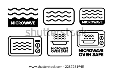 Microwaves flat linear icons. Labels for the safety of using cookware in a microwave oven. Safe microwave cooking. Vector illustration.
