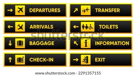 Airport sign departure arrival travel icon. Airport board airline sign, gate flight information. Various signs for airport visitors. Airport infrastructure. Vector illustration.