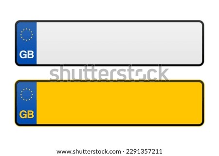 Great Britain plate template. Marking of car license plates. United Kingdom Realistic car registration plate. Vector illustration.