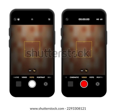 Camera interface on smartphone screen. Photo, video ui in mobile phone. Application for recording. Photo and video shooting. Viewfinder, focus and button record. Vector illustration.