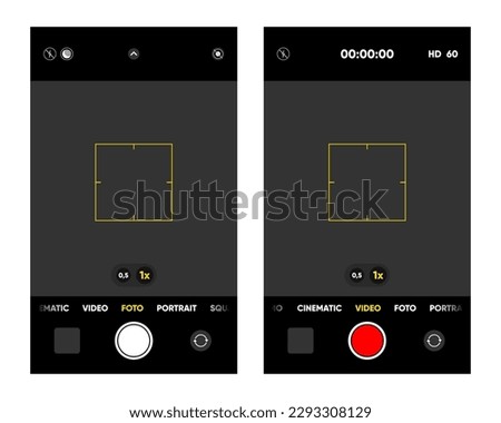 Camera interface on smartphone screen. Photo, video ui in mobile phone. Application for recording. Photo and video shooting. Viewfinder, focus and button record. Vector illustration.