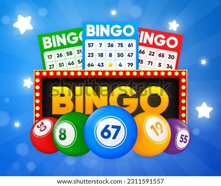 Lottery tickets and number balls. Lotto bingo cards with numbers, keno gambling. Colorful betting sheets with lucky numbers. Gaming industry and casino advertising. Vector Illustration.