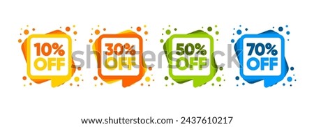 Sale Discount labels. Special Offer Price. 10, 30, 50 and 70 percent off reduction symbols. Colored elements. Vector illustration.