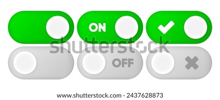 On and Off Toggle Switch Buttons. Modern user interface mockup. Template button in green and grey colors on white background. Vector illustration.